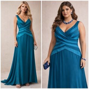 NWT Tadashi Collection Teal Chiffon Gown 16Q Plus V-Neck Tiered Formal Dress